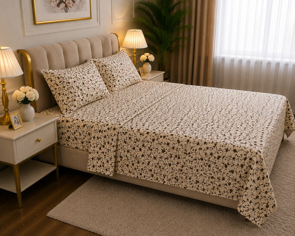 Premium Cotton King Size Bedsheet – Brown Floral Printed 3-Piece Bedding Set