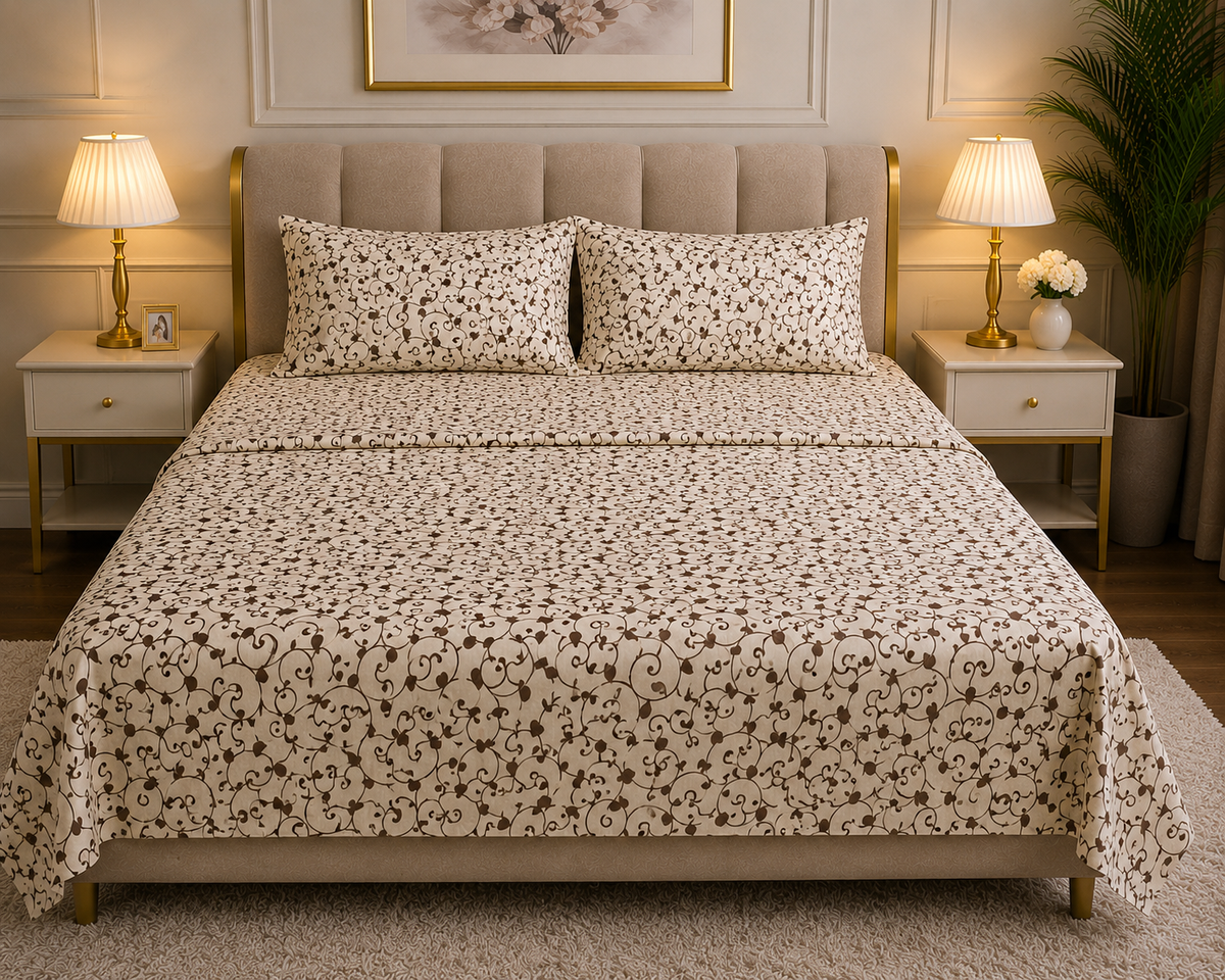 Premium Cotton King Size Bedsheet – Brown Floral Printed 3-Piece Bedding Set