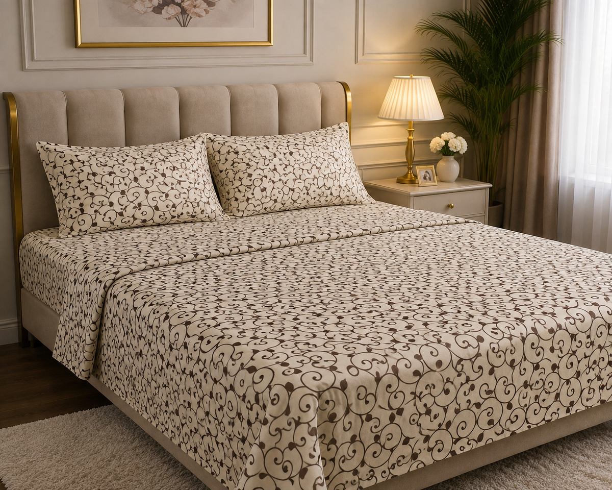 Premium Cotton King Size Bedsheet – Brown Floral Printed 3-Piece Bedding Set