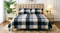 King Size Checkered Fitted Bedsheet Set – Black & Gray Plaid Elastic Bed Sheet with 2 Pillow Covers (3-Piece)