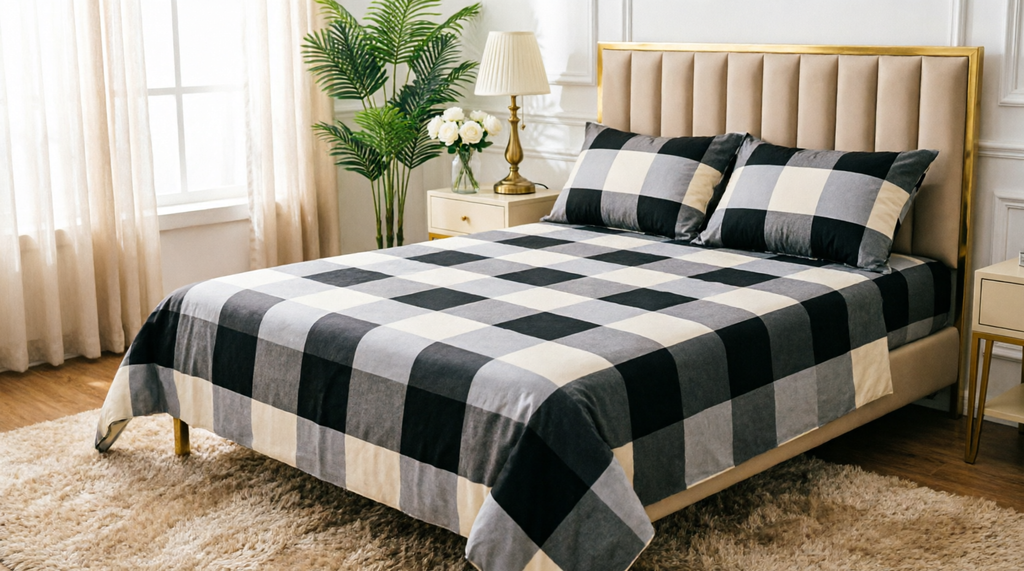 King Size Checkered Fitted Bedsheet Set – Black & Gray Plaid Elastic Bed Sheet with 2 Pillow Covers (3-Piece)