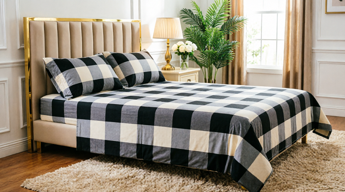 King Size Checkered Fitted Bedsheet Set – Black & Gray Plaid Elastic Bed Sheet with 2 Pillow Covers (3-Piece)