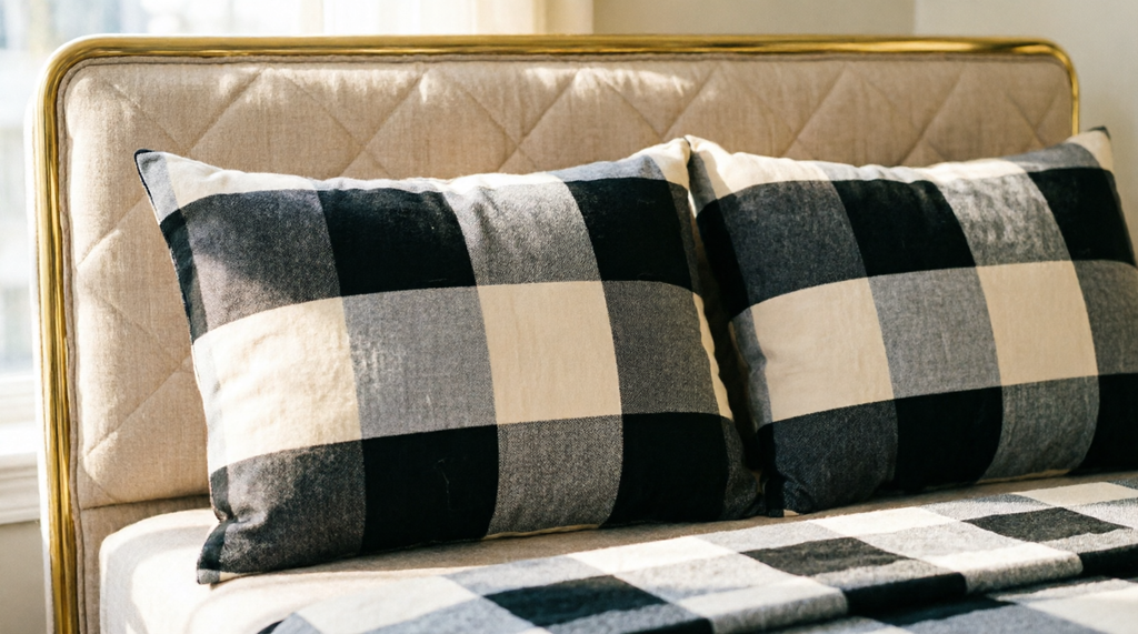 King Size Checkered Fitted Bedsheet Set – Black & Gray Plaid Elastic Bed Sheet with 2 Pillow Covers (3-Piece)