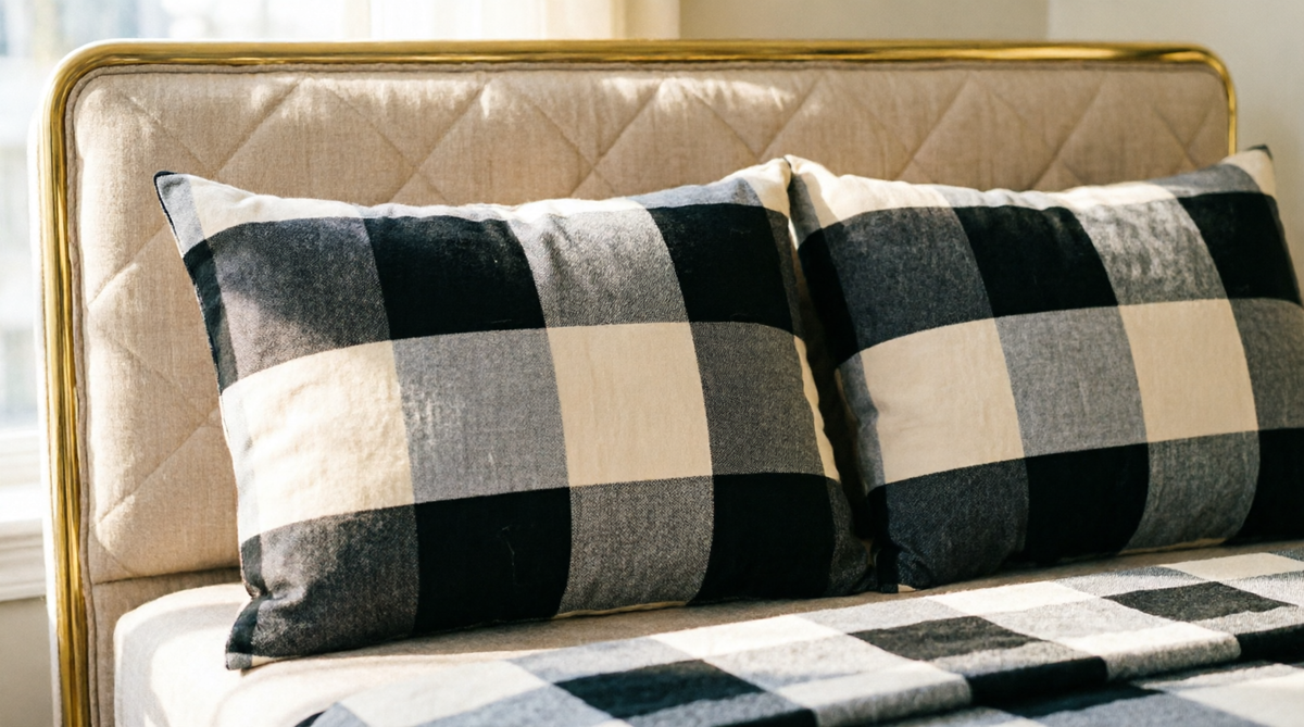 King Size Checkered Fitted Bedsheet Set – Black & Gray Plaid Elastic Bed Sheet with 2 Pillow Covers (3-Piece)