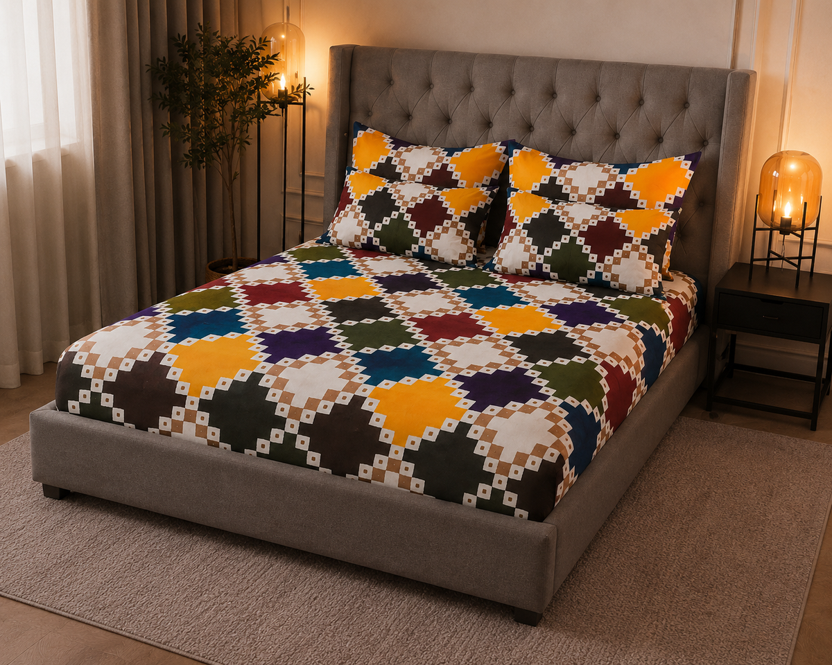 King Size Multicolor Diamond Printed Fitted Bedsheet Set – Colorful Geometric Bed Sheet with 2 Pillow Covers (3-Piece)