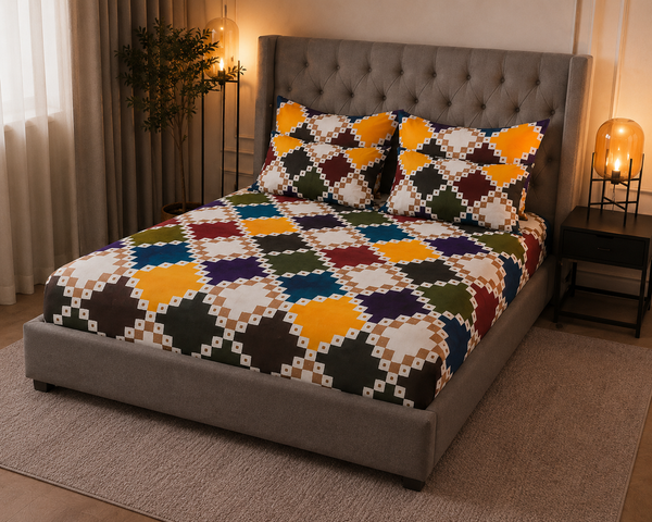 King Size Multicolor Diamond Printed Fitted Bedsheet Set – Colorful Geometric Bed Sheet with 2 Pillow Covers (3-Piece) alternate