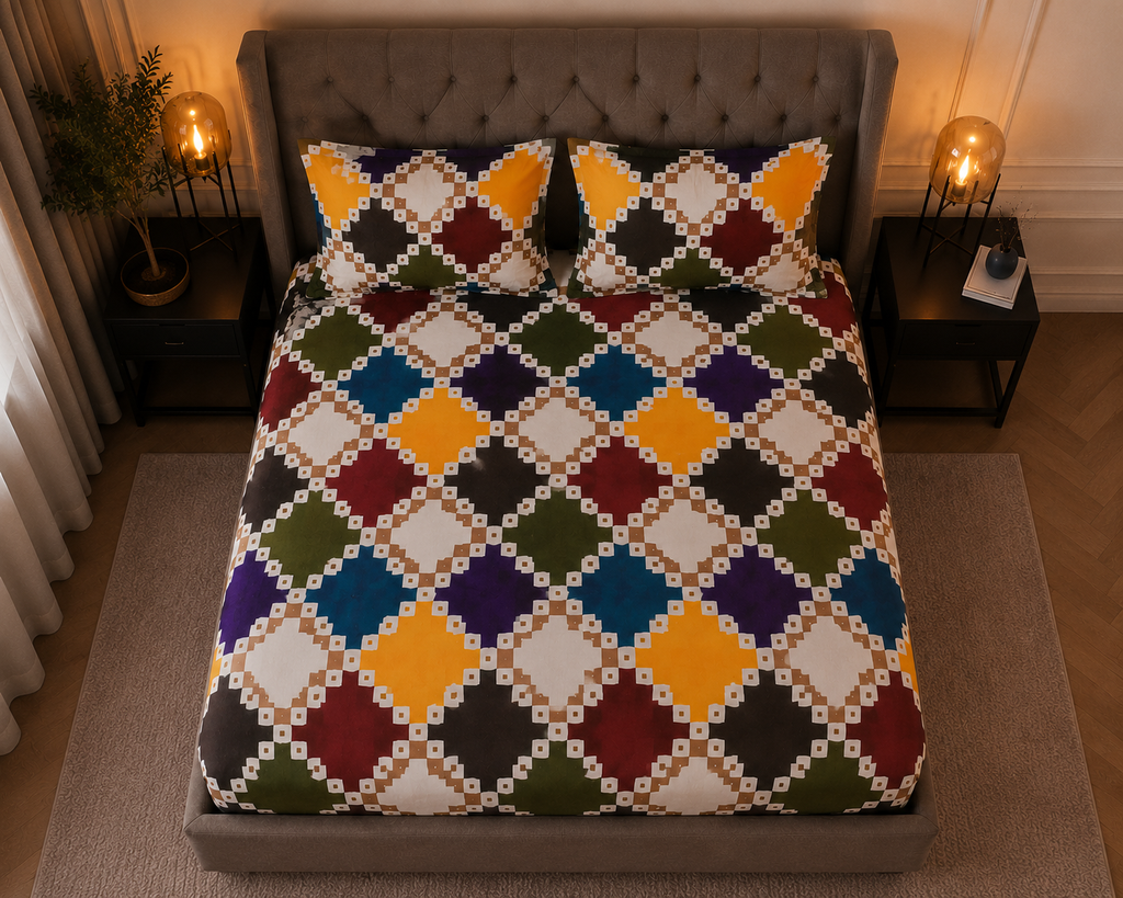 King Size Multicolor Diamond Printed Fitted Bedsheet Set – Colorful Geometric Bed Sheet with 2 Pillow Covers (3-Piece)