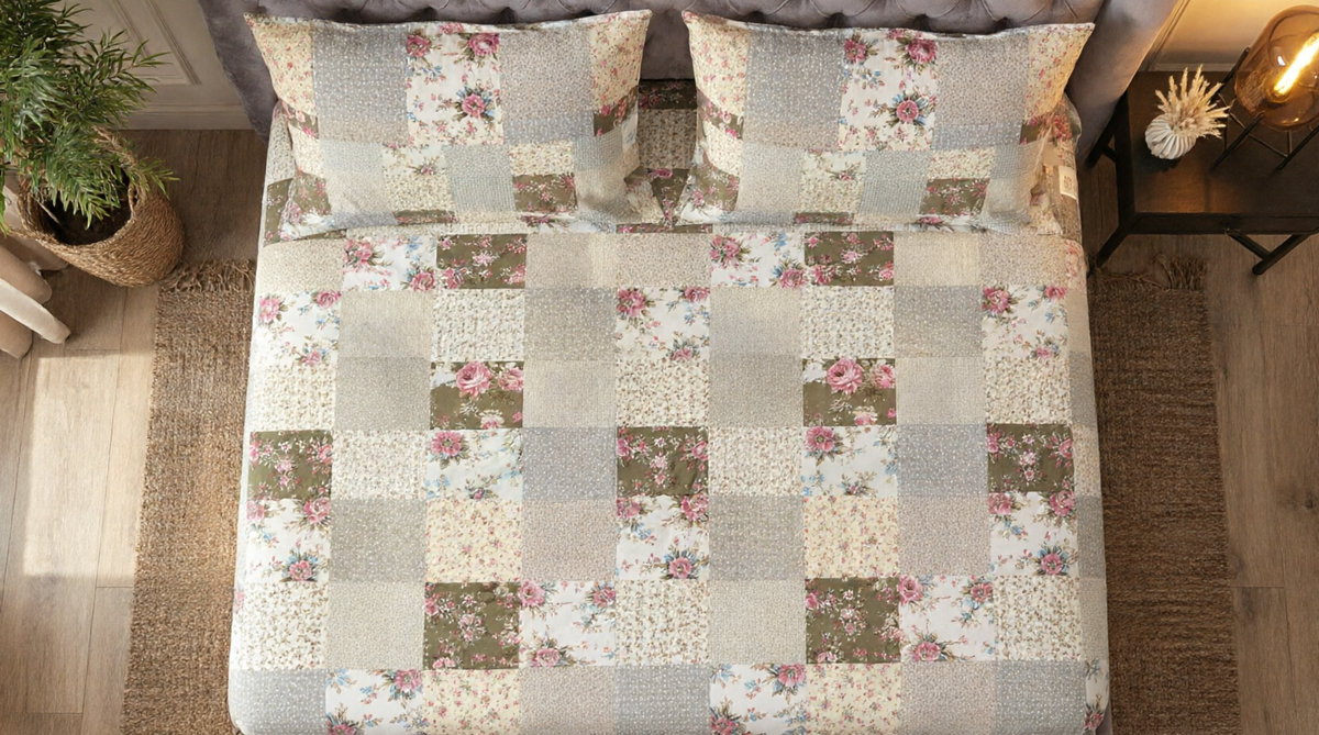 King Size Patchwork Floral Fitted Bedsheet Set – Vintage Rose Print Bed Sheet with 2 Pillow Covers (3-Piece) 