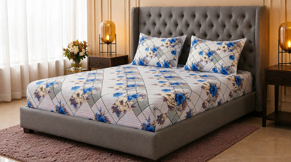 King Size Blue Rose Floral Fitted Bedsheet Set – Diamond Grid Print Bed Sheet with 2 Pillow Covers (3-Piece)
