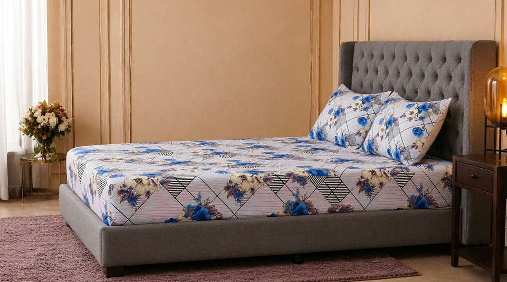 King Size Blue Rose Floral Fitted Bedsheet Set – Diamond Grid Print Bed Sheet with 2 Pillow Covers (3-Piece)