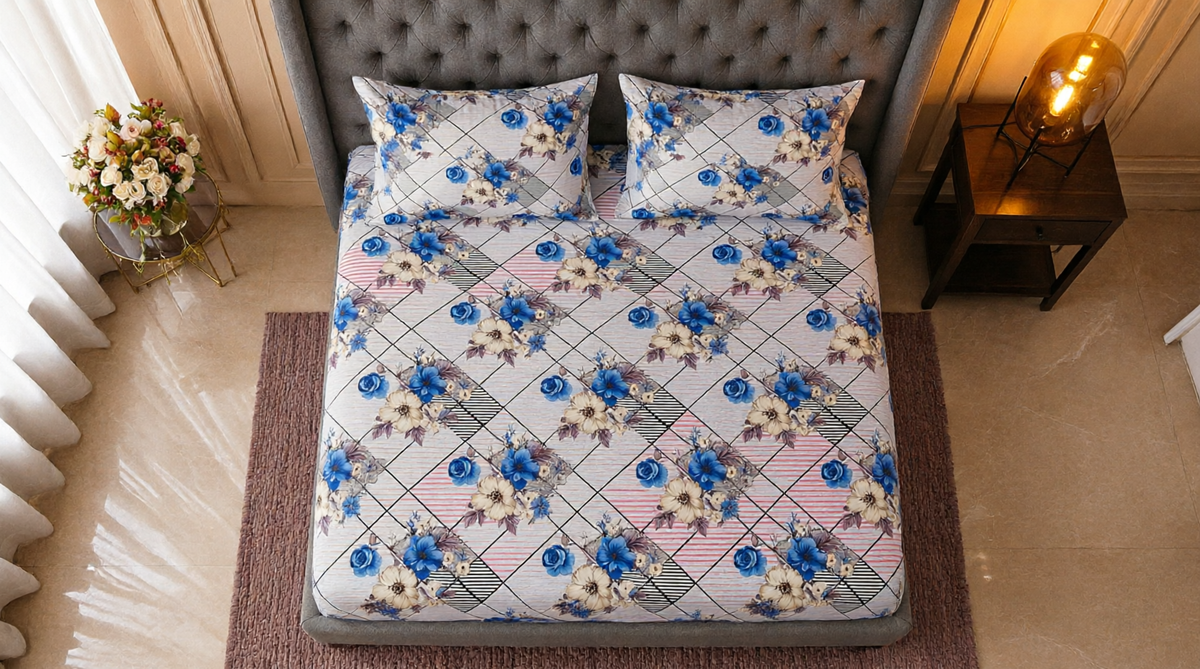 King Size Blue Rose Floral Fitted Bedsheet Set – Diamond Grid Print Bed Sheet with 2 Pillow Covers (3-Piece)