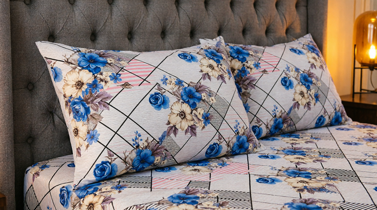 King Size Blue Rose Floral Fitted Bedsheet Set – Diamond Grid Print Bed Sheet with 2 Pillow Covers (3-Piece)
