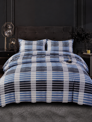 Blue & Grey Checkered Stripe Bedsheet Set – Premium Cotton (King Size)