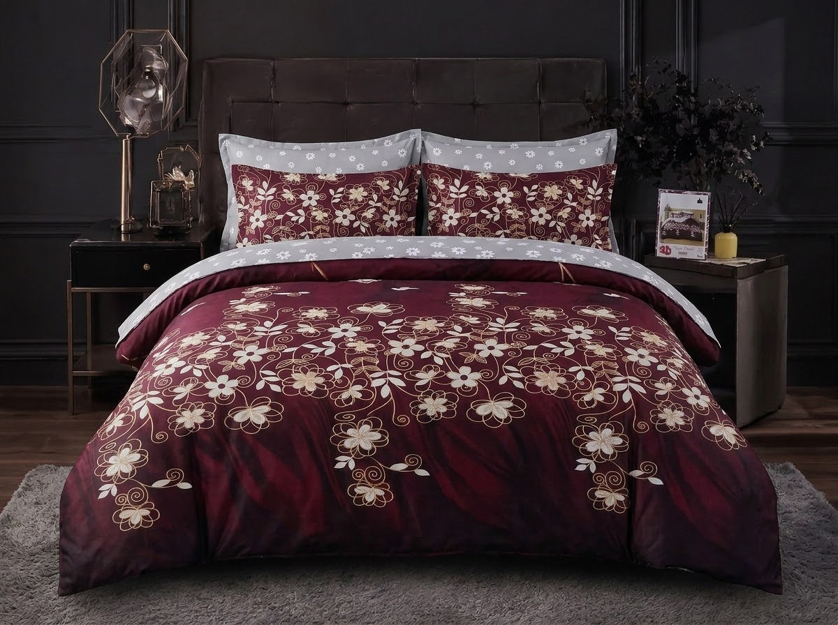 Maroon Floral Bedsheet Set – 3D Printed Cotton