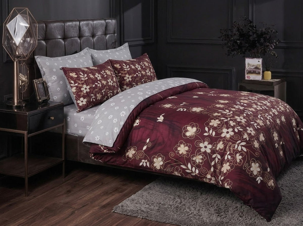 Maroon Floral Bedsheet Set – 3D Printed Cotton