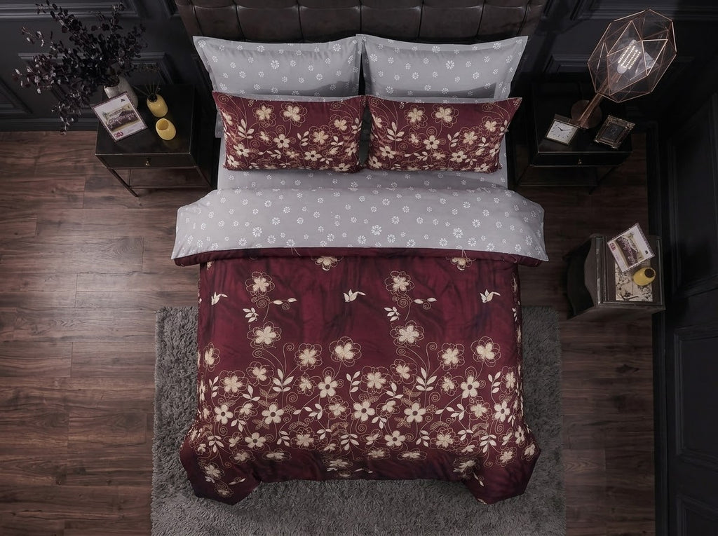 Maroon Floral Bedsheet Set – 3D Printed Cotton