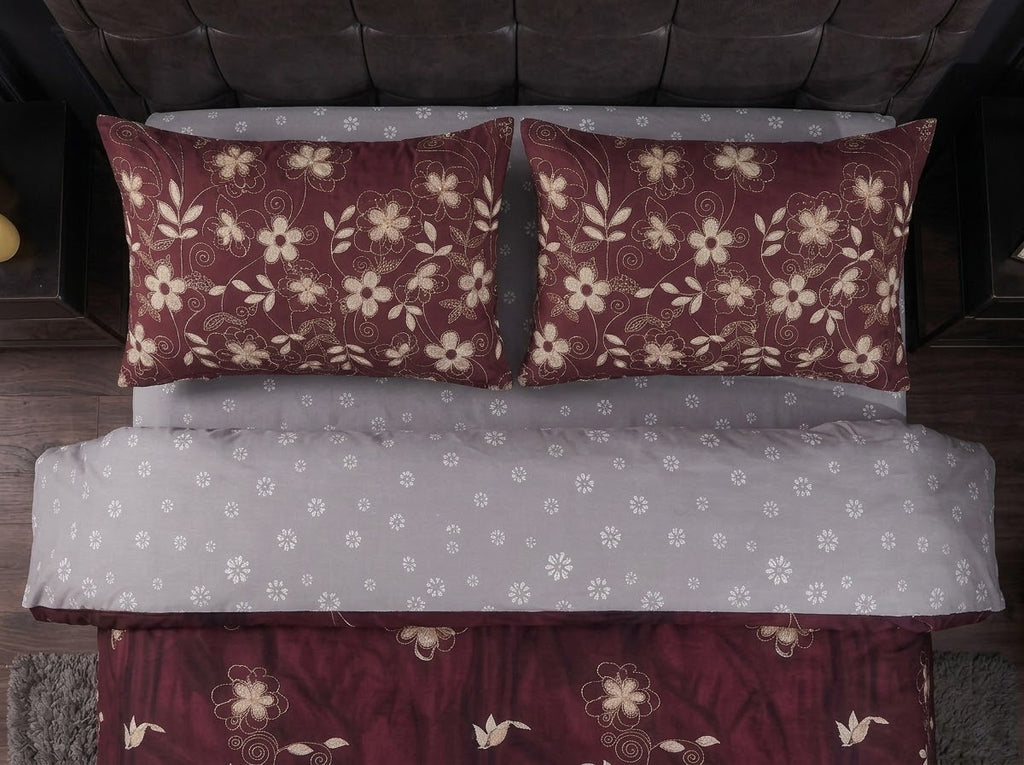 Maroon Floral Bedsheet Set – 3D Printed Cotton